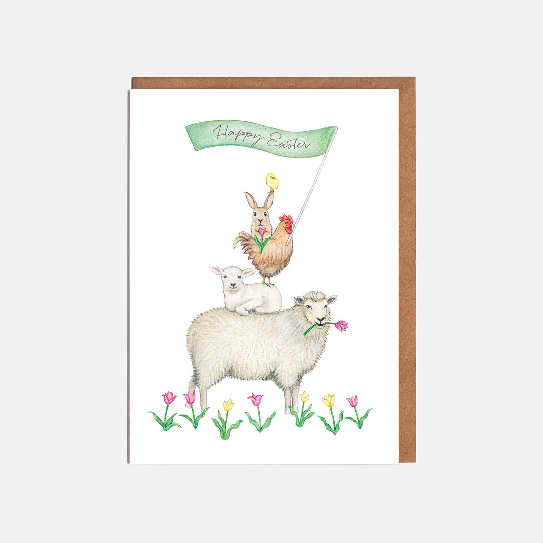 animal tower Easter card with kraft envelope