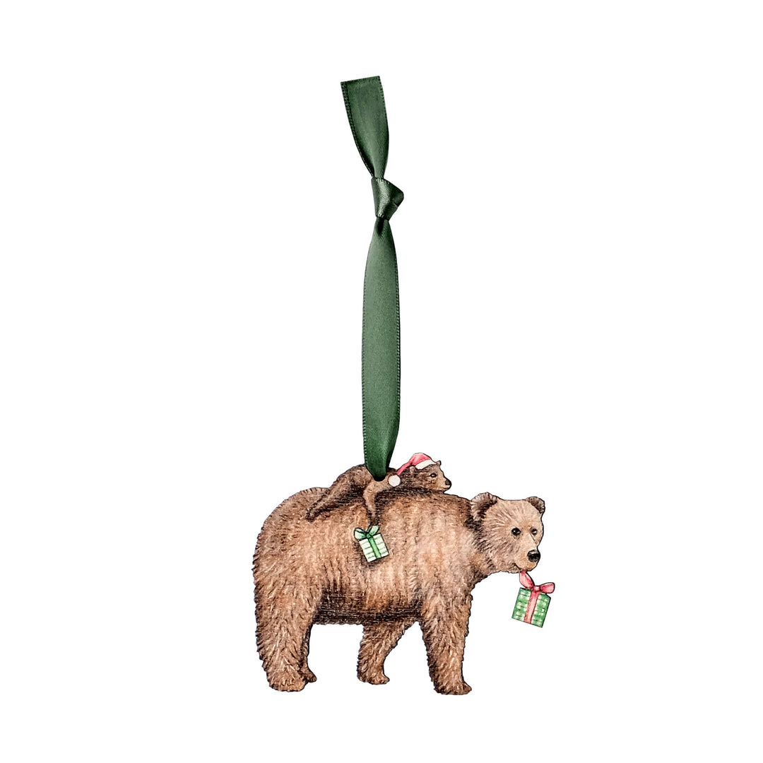 wooden bear christmas tree decoration with green ribbon