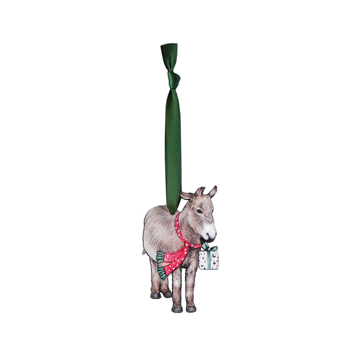 donkey wooden christmas tree decoration with green ribbon
