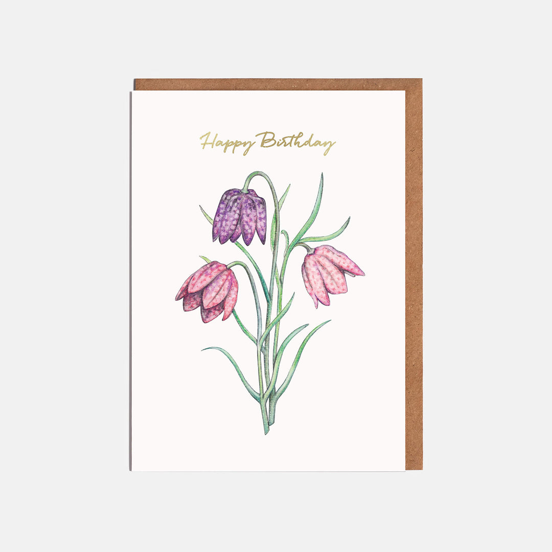 purple fritillaria flower birthday card with kraft envelope