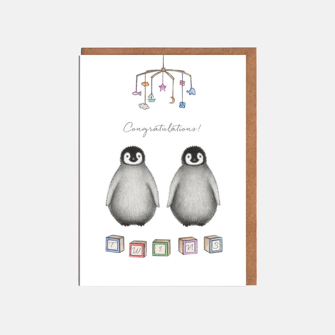 Penguin new baby twins card with kraft envelope