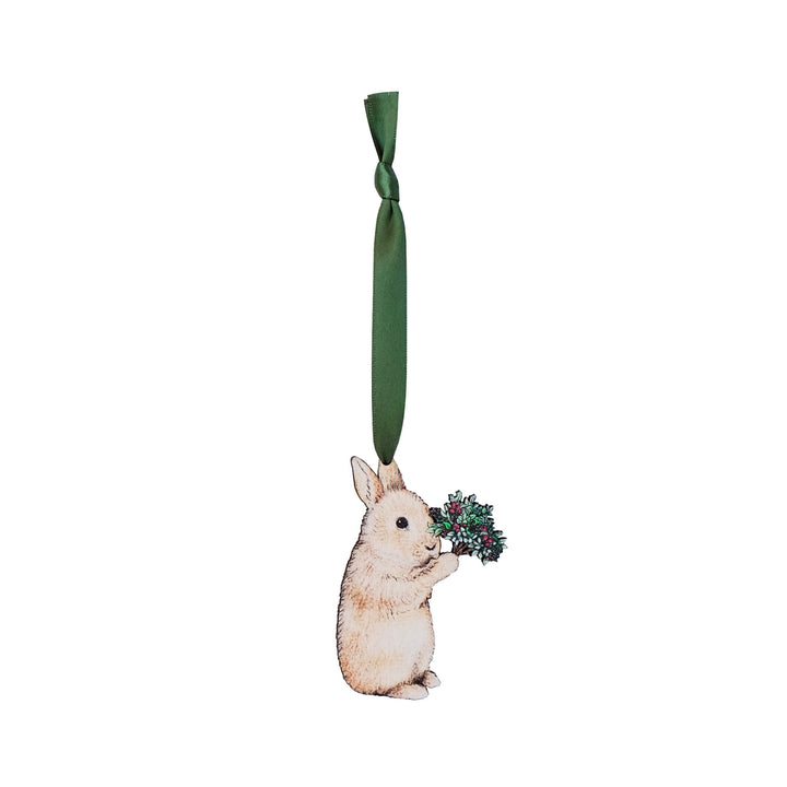 rabbit wooden christmas tree decoration with green ribbon