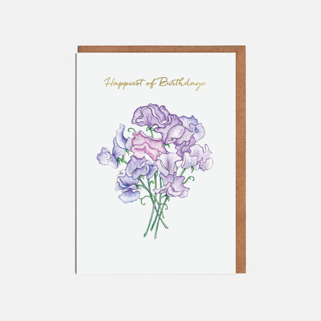 purple sweet pea flower birthday card with kraft envelope