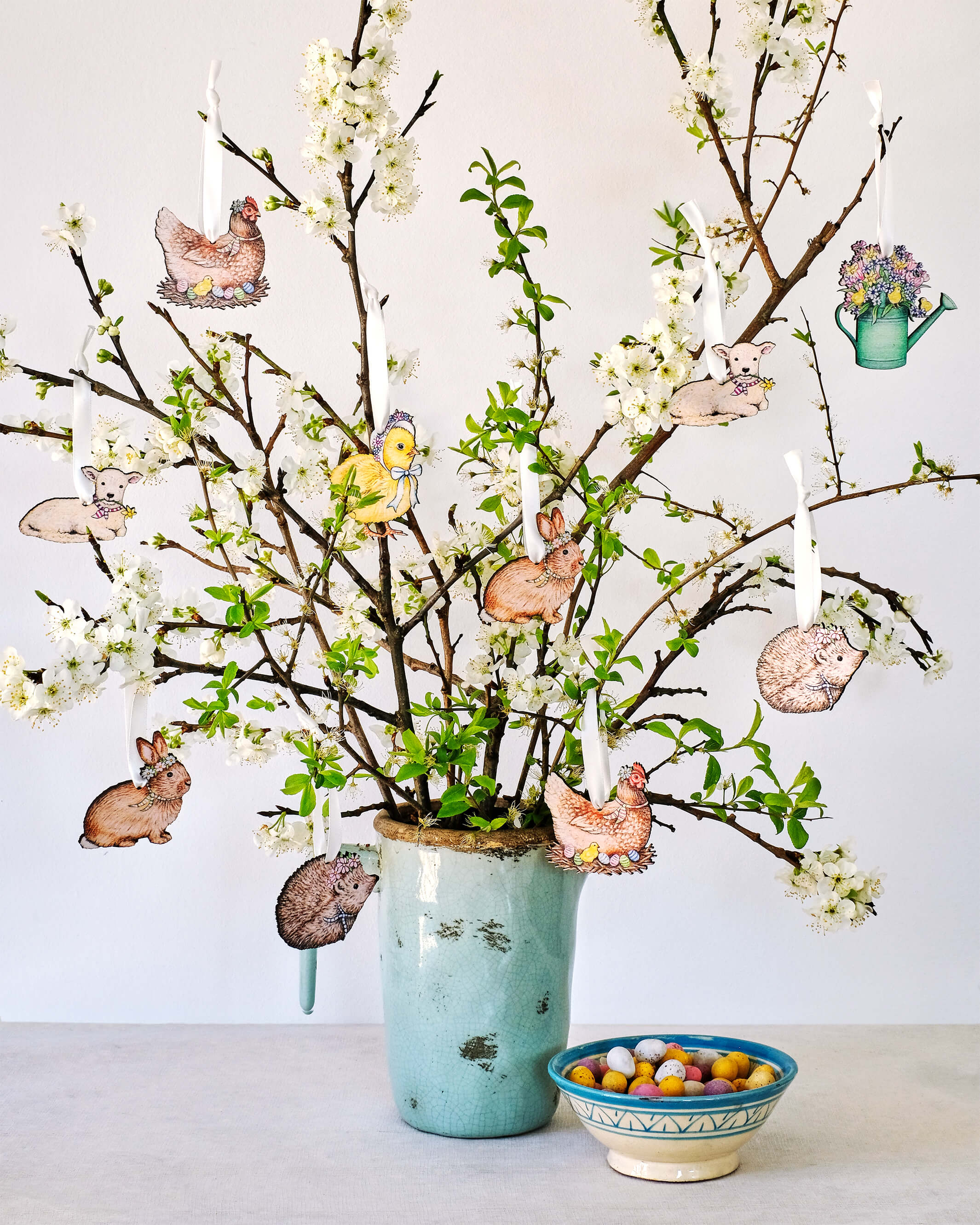 easter tree with hanging wooden easter decorations