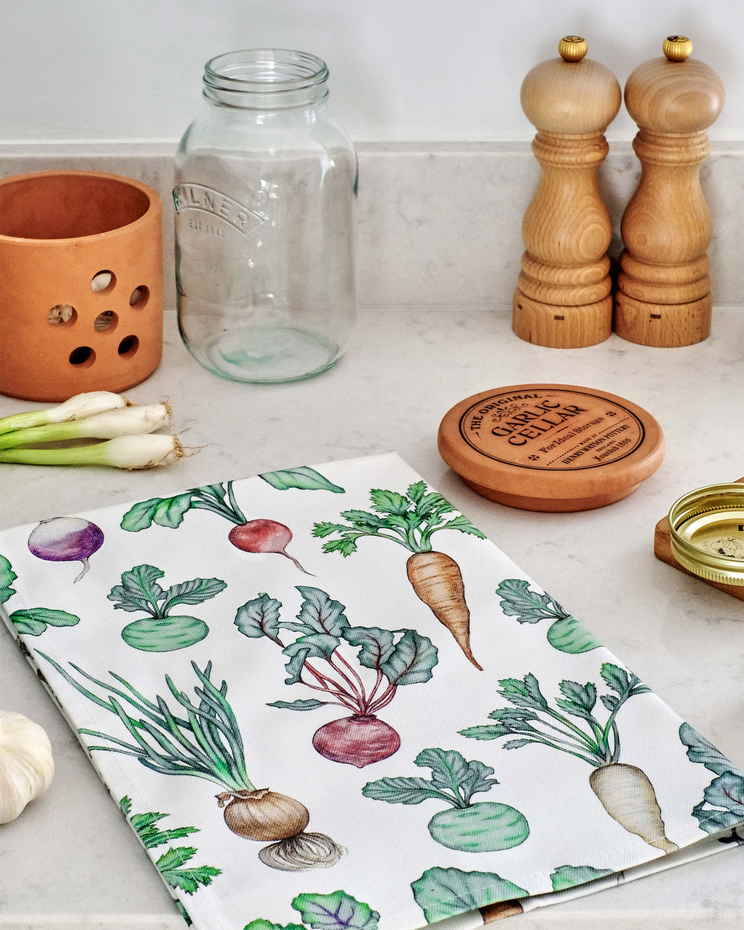 garden vegetable print tea towel