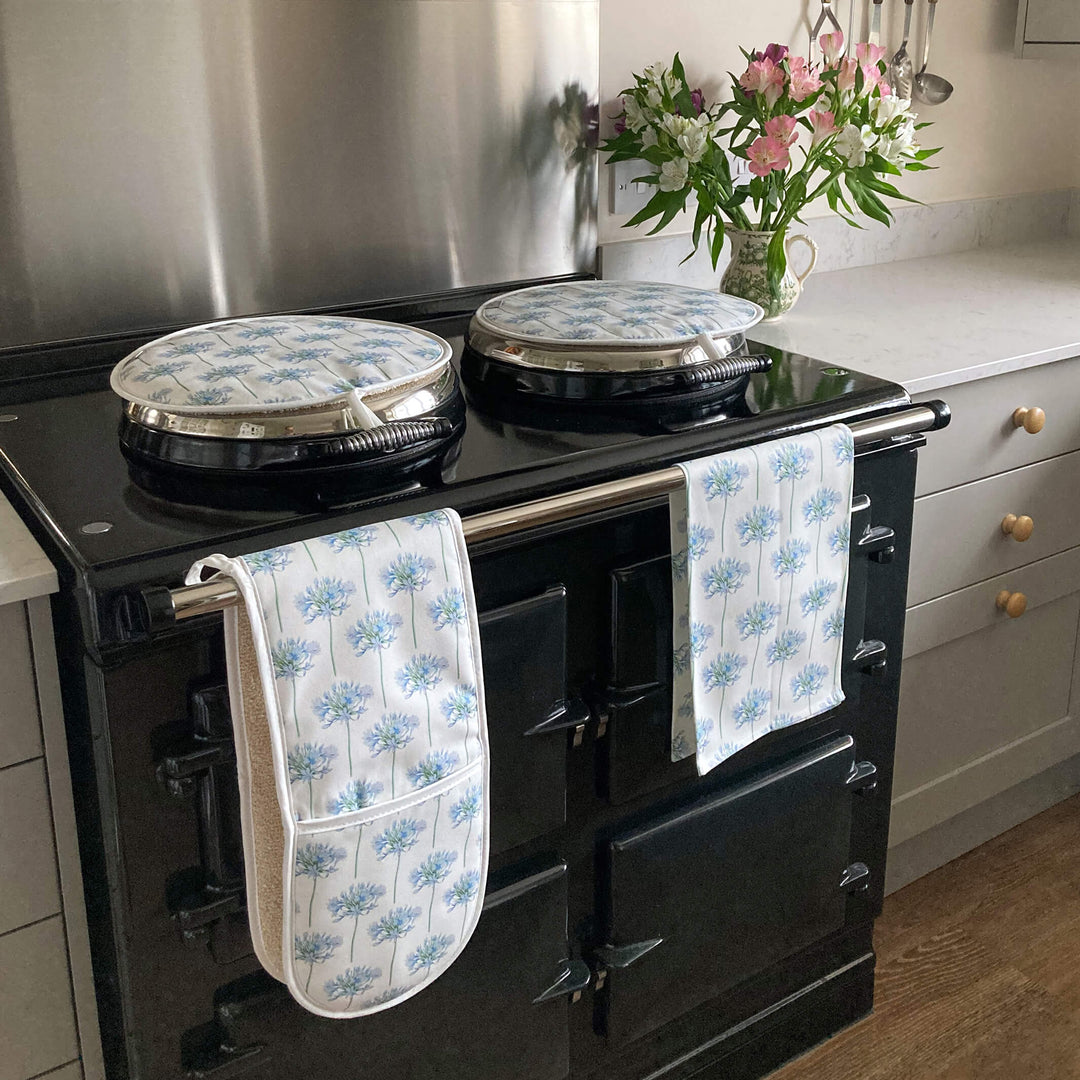 agapanthus floral hob cover, oven glove and tea towel
