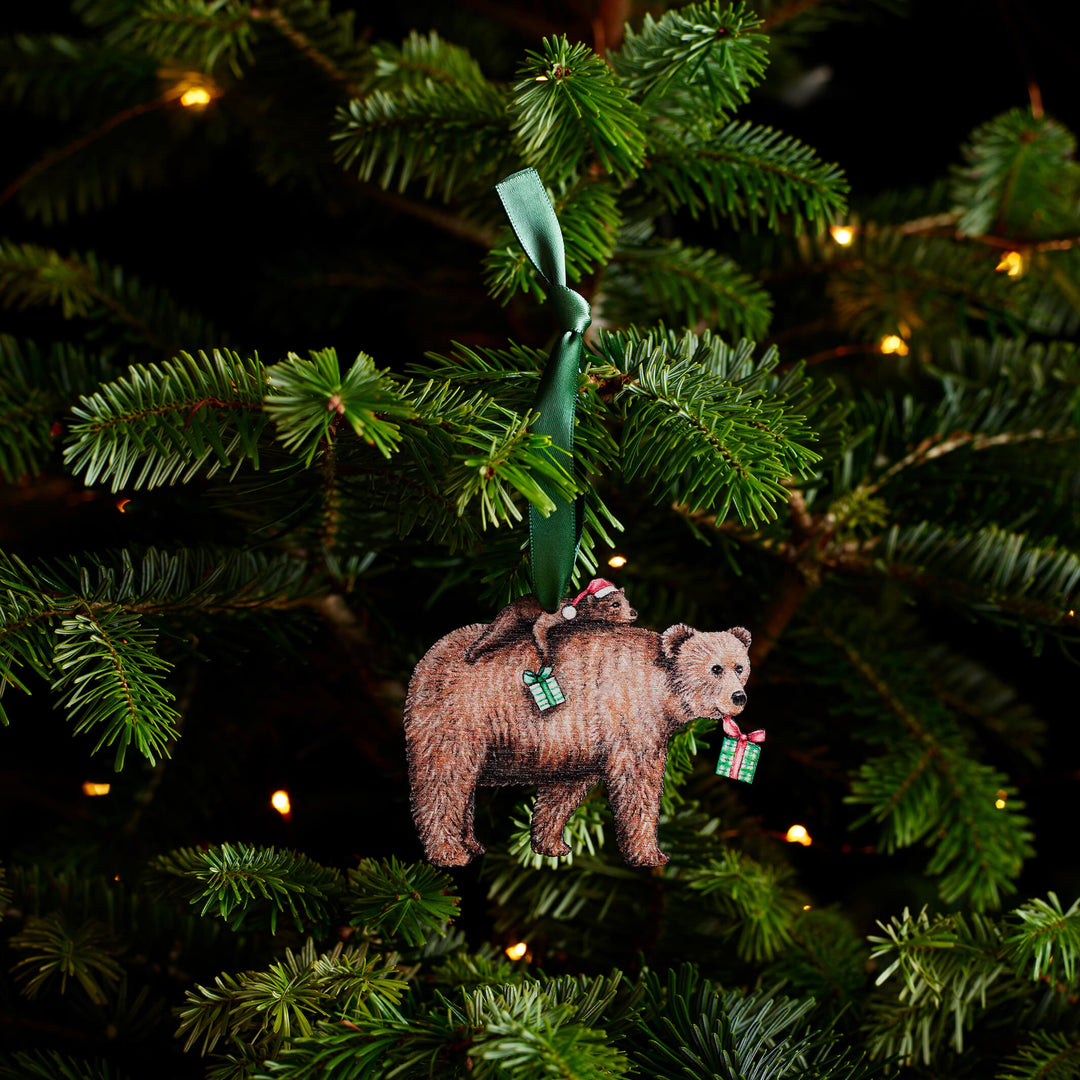 wooden bear christmas tree decoration with green ribbon