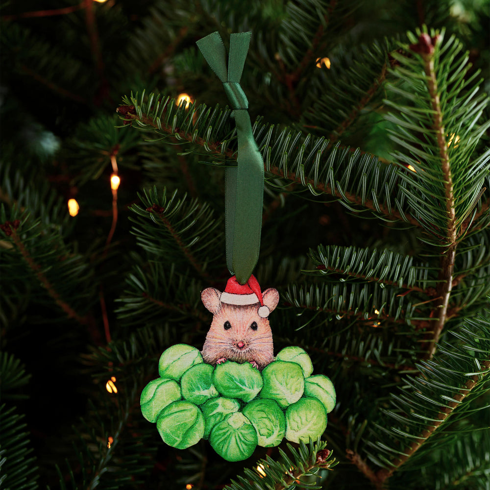 wooden brussell sprout christmas tree decoration with green ribbon