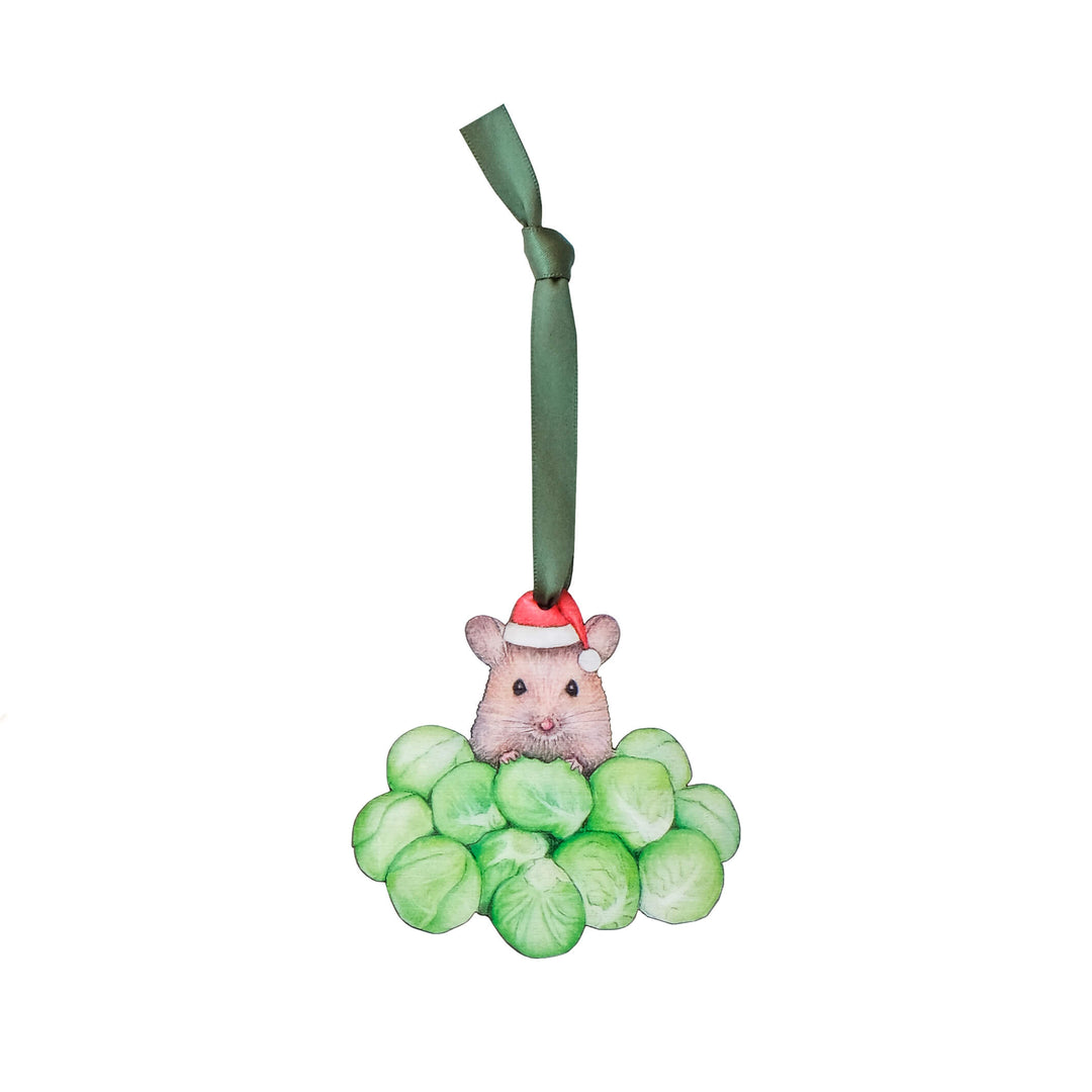 wooden brussell sprout christmas tree decoration with green ribbon