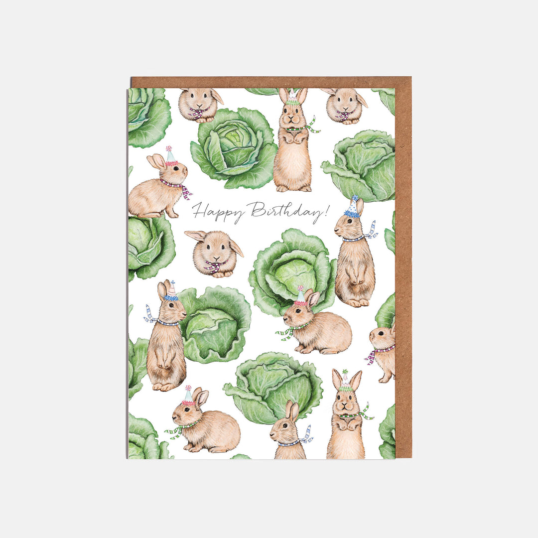 rabbit and cabbage birthday card with kraft envelope