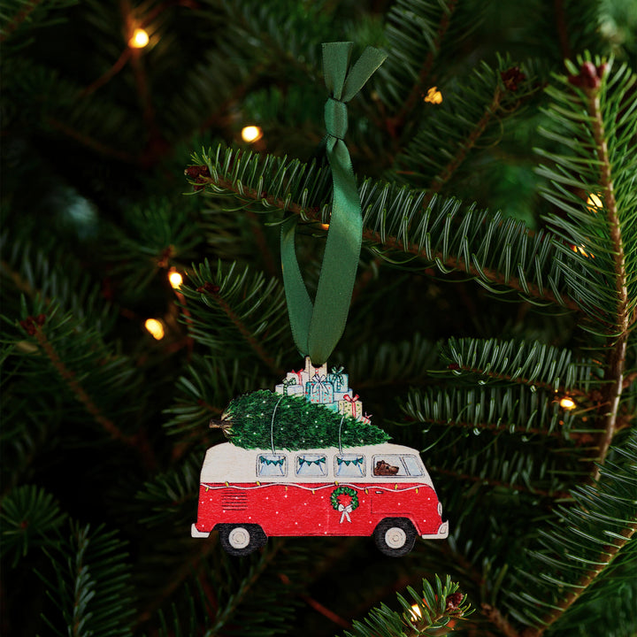 wooden camper van christmas tree decoration with green ribbon