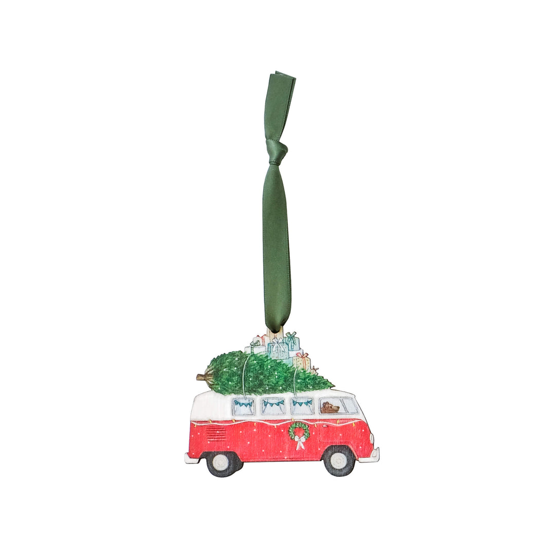 wooden camper van christmas tree decoration with green ribbon