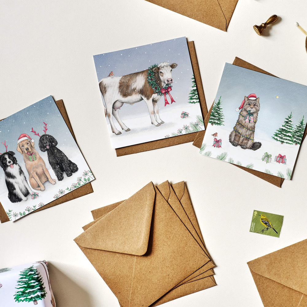 cat christmas card pack with kraft envelope