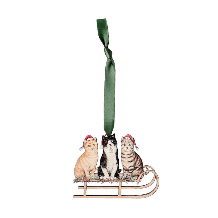 wooden cat christmas tree decoration with green ribbon