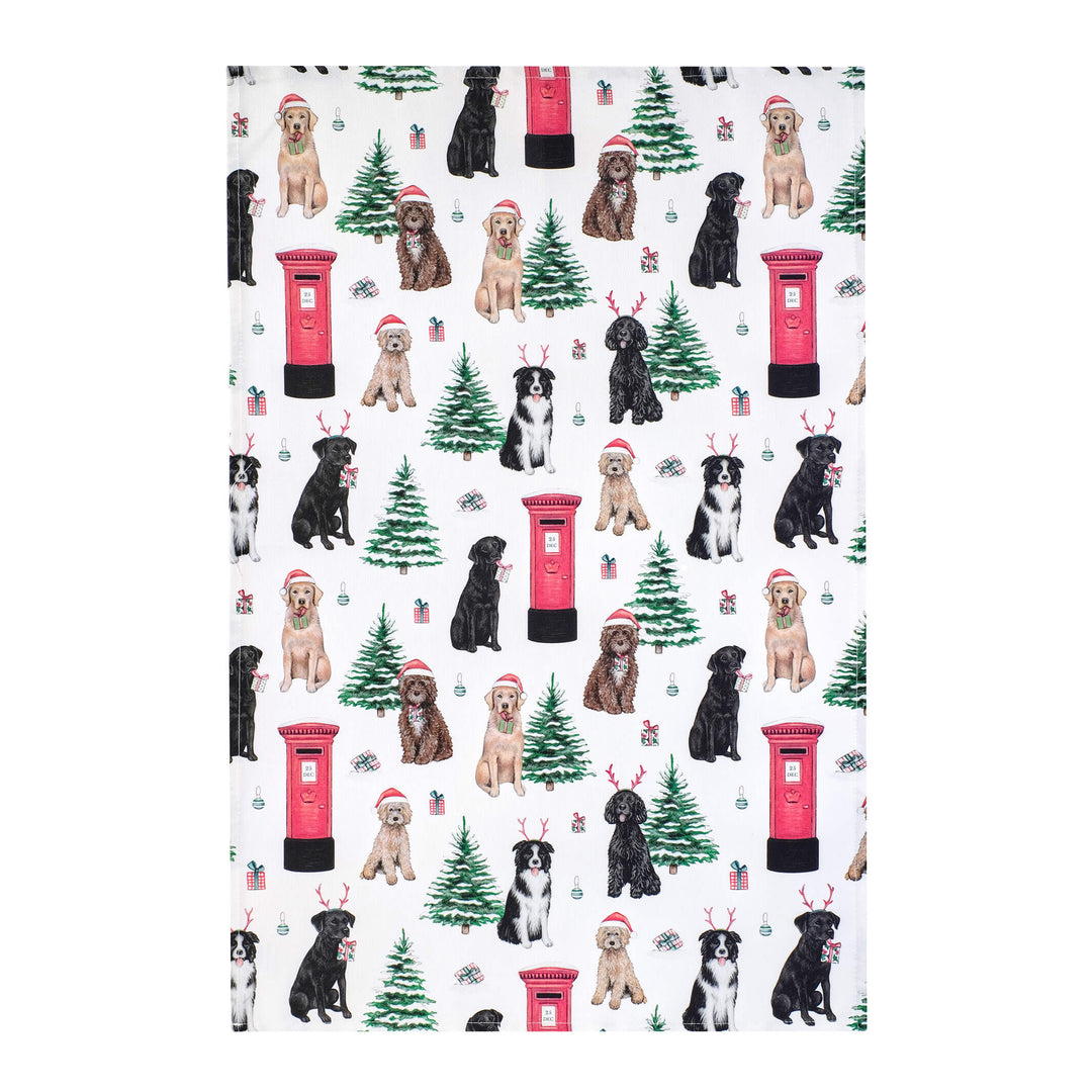 dogs & postbox cotton christmas tea towel 