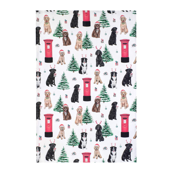 dogs & postbox cotton christmas tea towel 