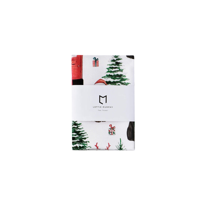 dogs & postbox cotton christmas tea towel 