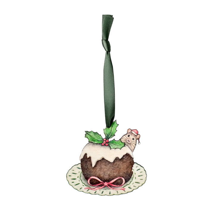 wooden christmas pudding christmas tree decoration with green ribbon