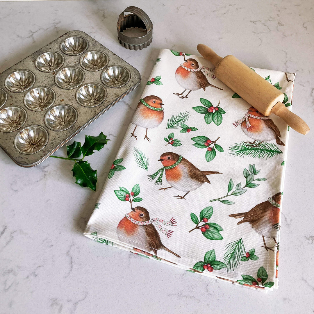 christmas robin tea towel 