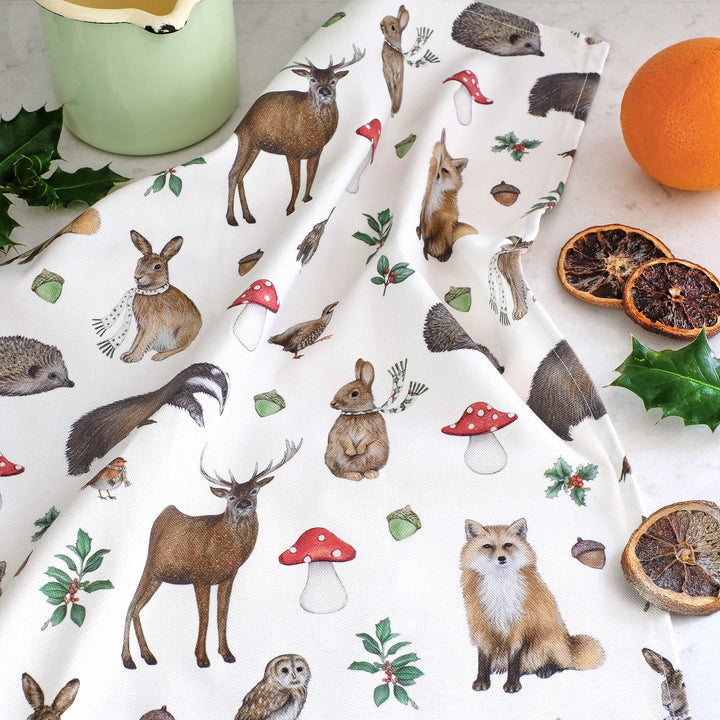 christmas woodland animal tea towel