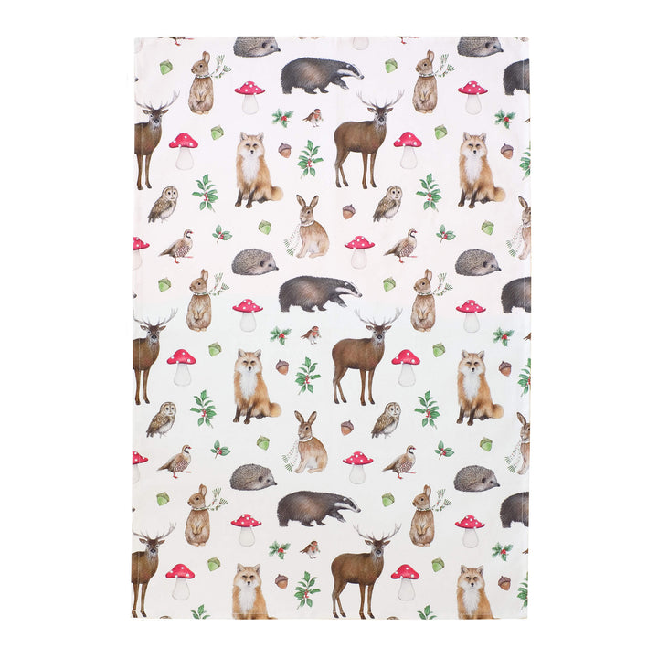 christmas woodland animal tea towel