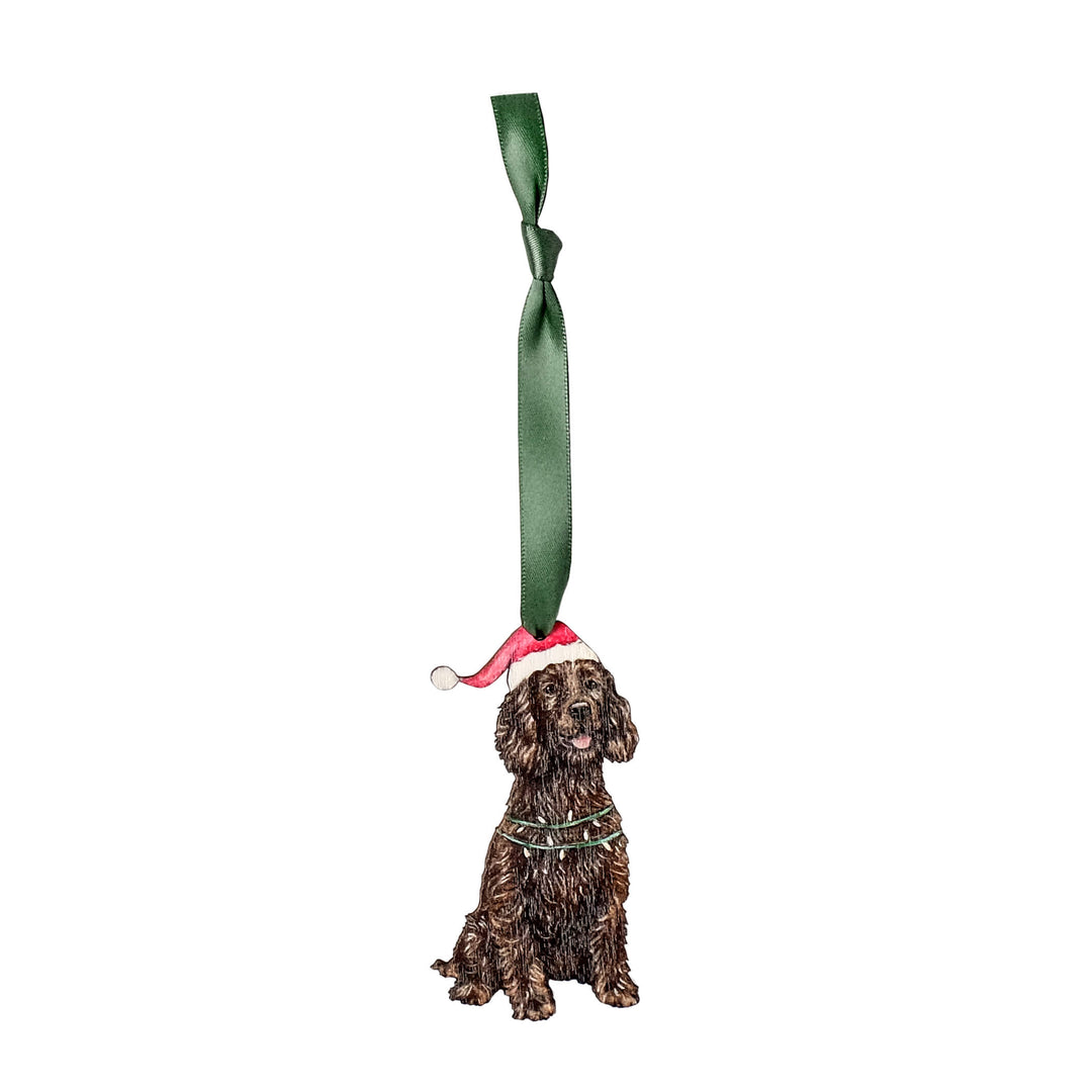 wooden cocker spaniel christmas tree decoration with green ribbon