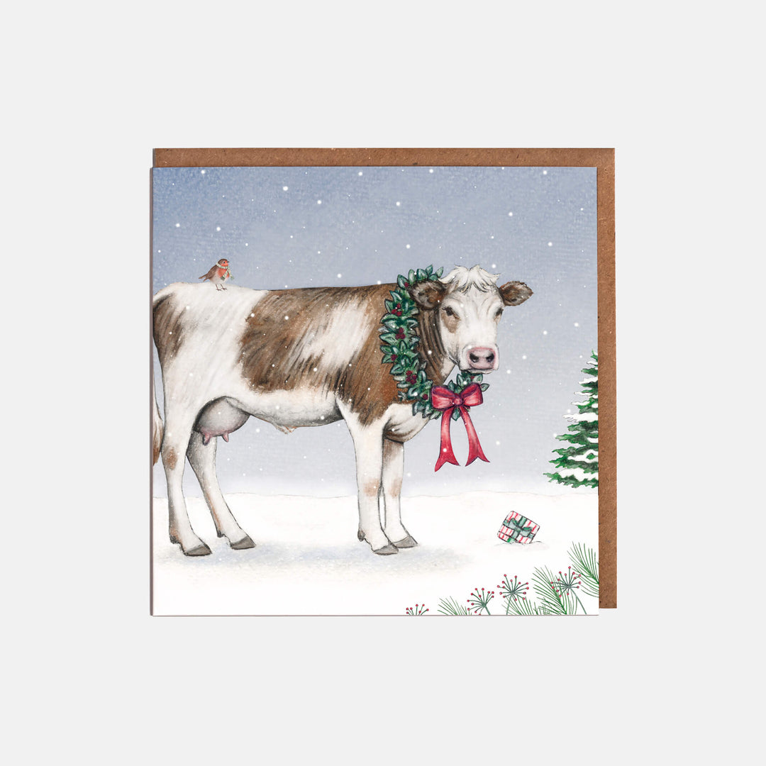 cow christmas card pack with kraft envelopes