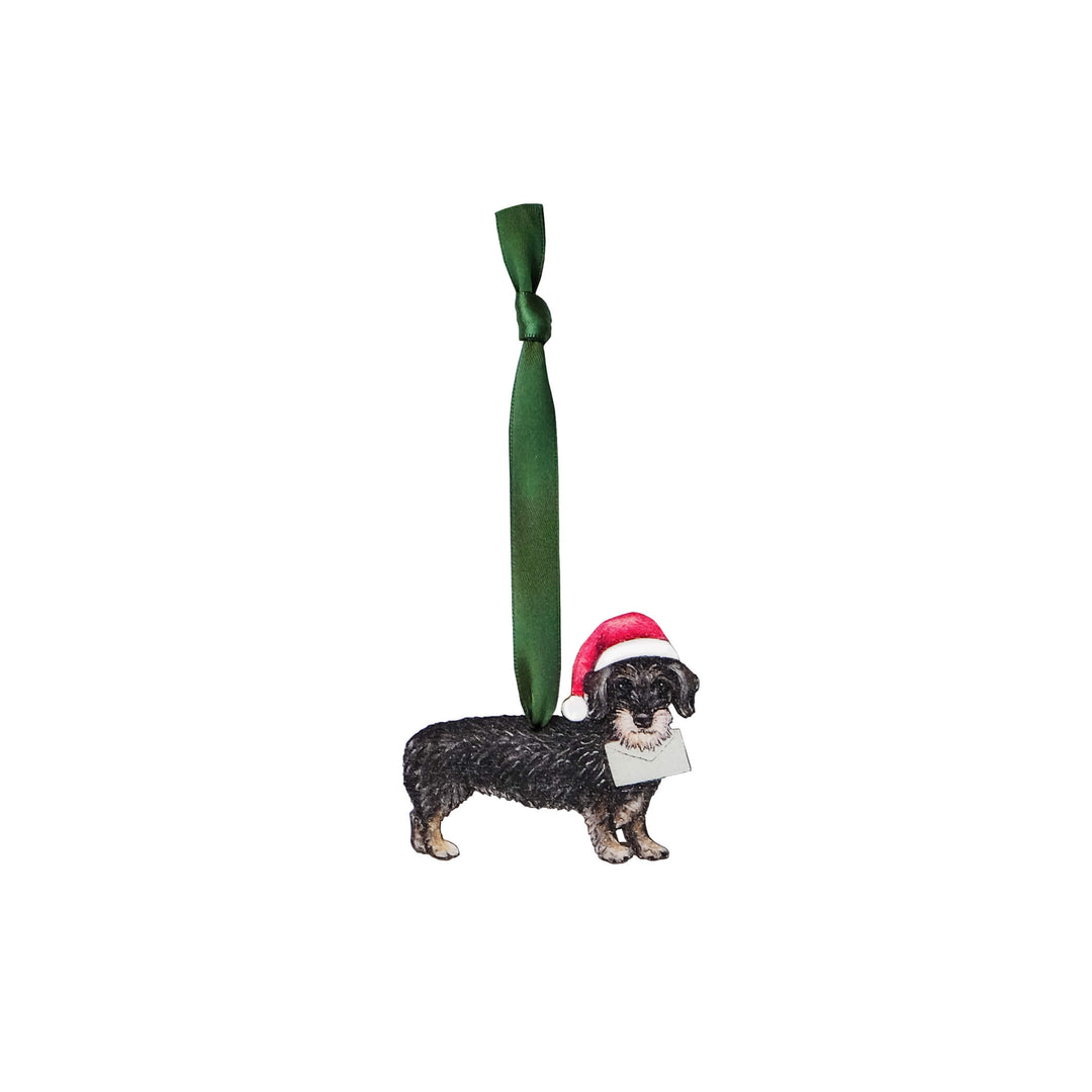 dachshund dog wooden christmas tree decoration with green ribbon