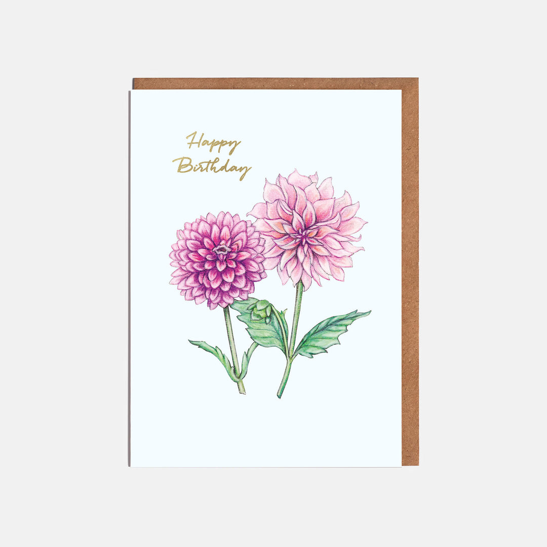pink dahlia flowers birthday card with kraft envelope