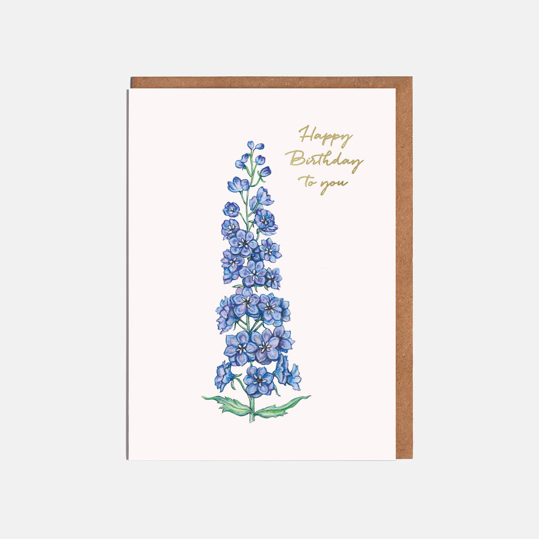 blue delphinium flower birthday card with kraft envelope