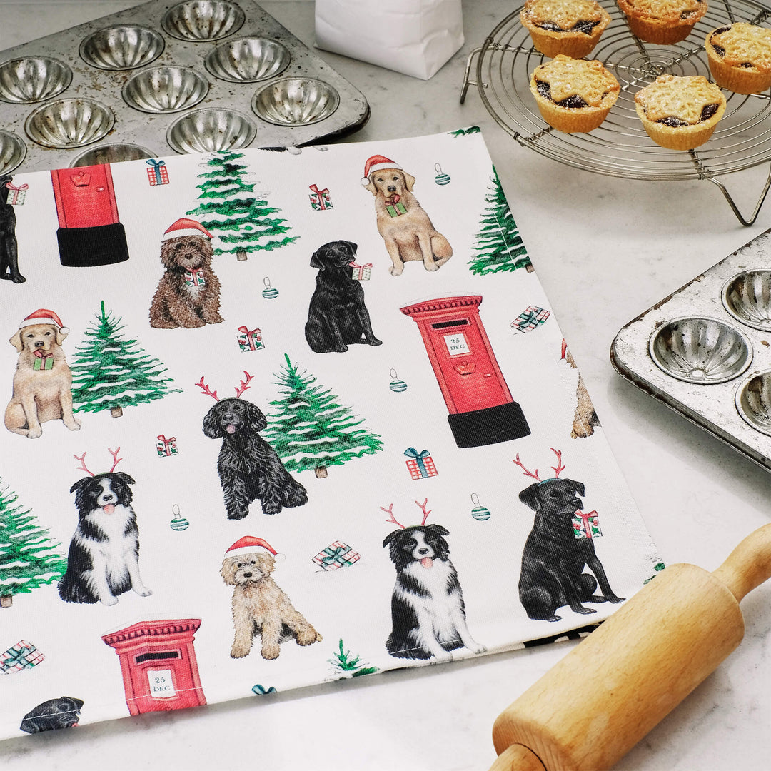 dogs & postbox cotton christmas tea towel 