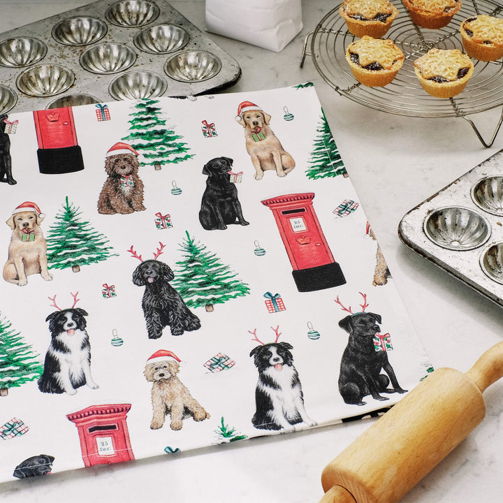 dogs & postbox cotton christmas tea towel 
