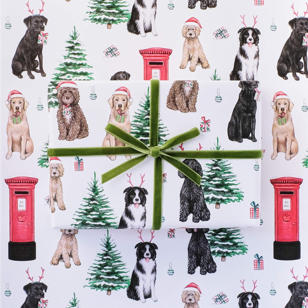 dogs and postbox christmas wrapping paper