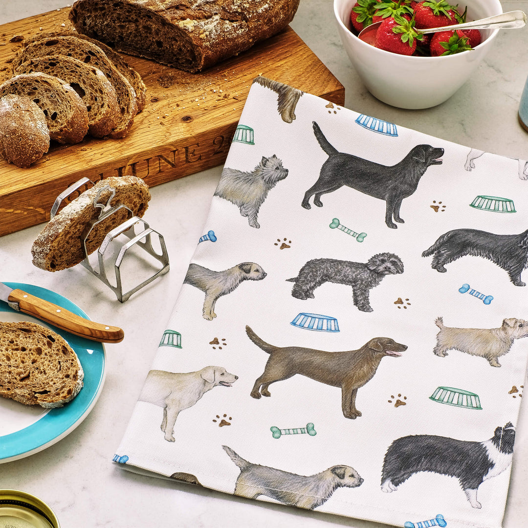 dogs and stripes tea towel