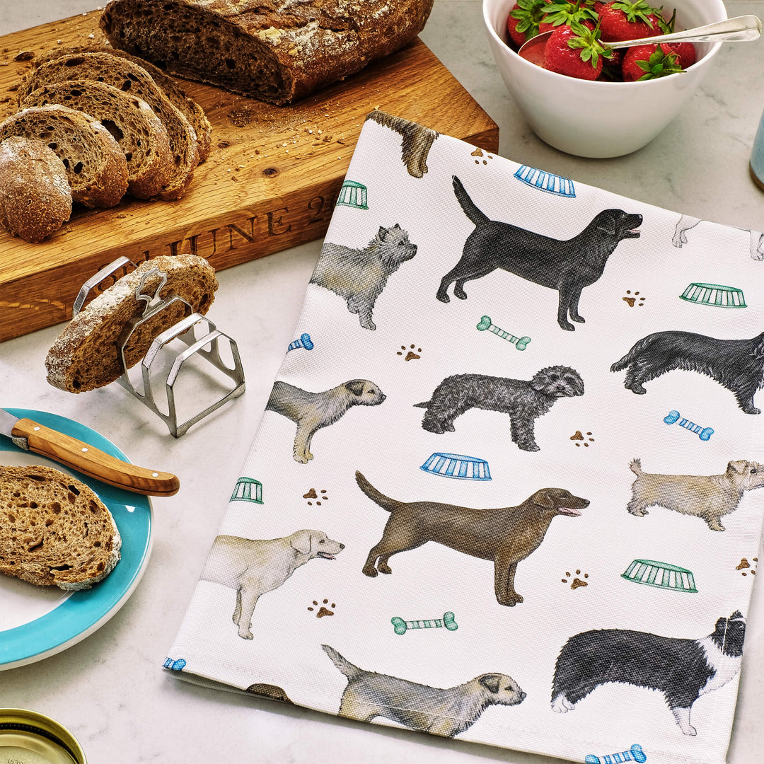 dogs and stripes tea towel