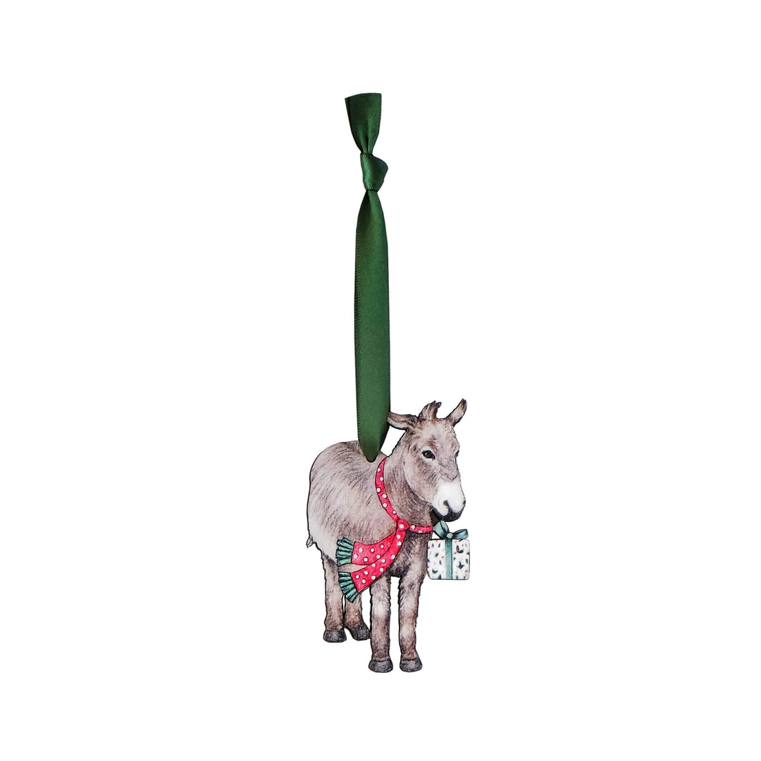 donkey wooden christmas tree decoration with green ribbon