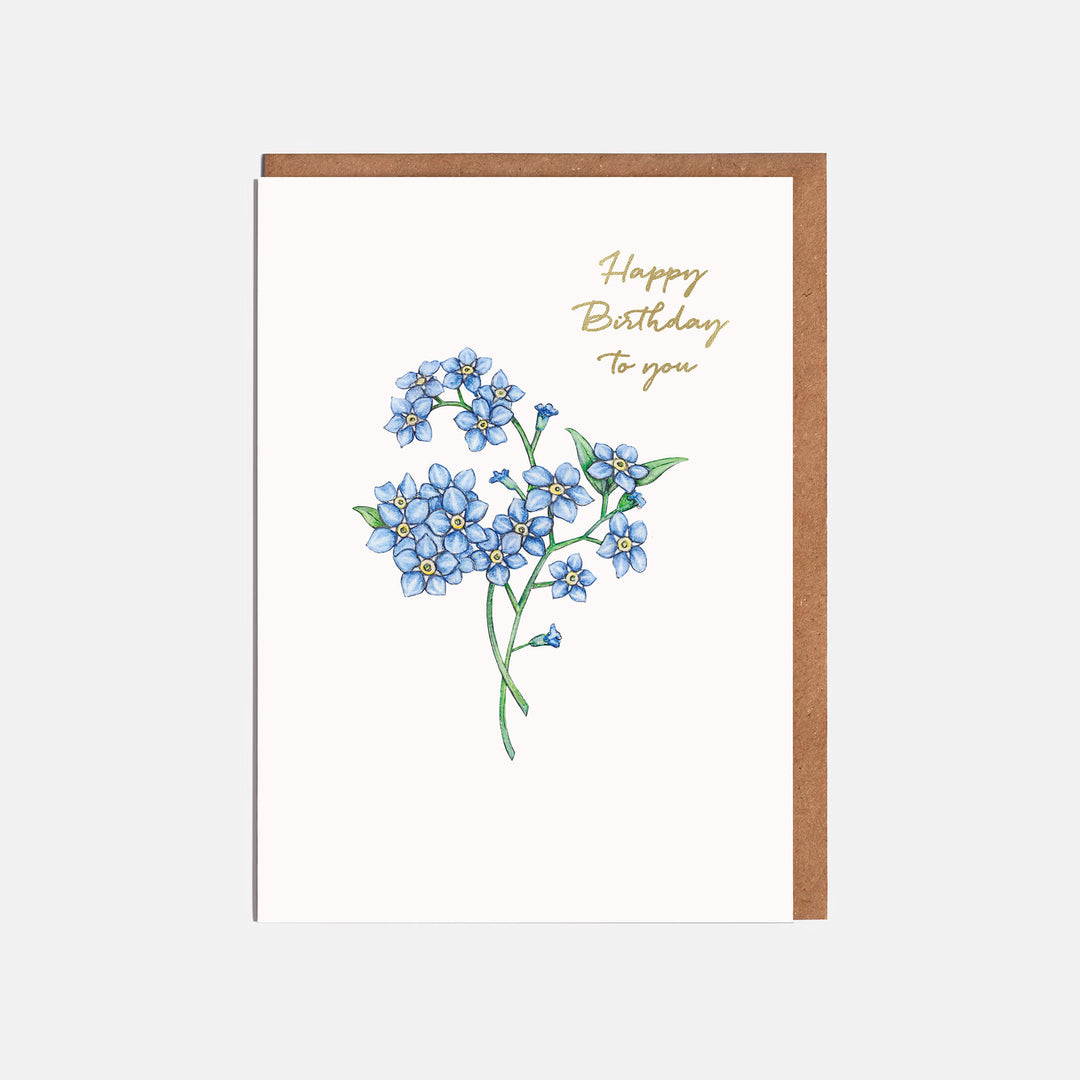 blue forget me not flower birthday card with kraft envelope