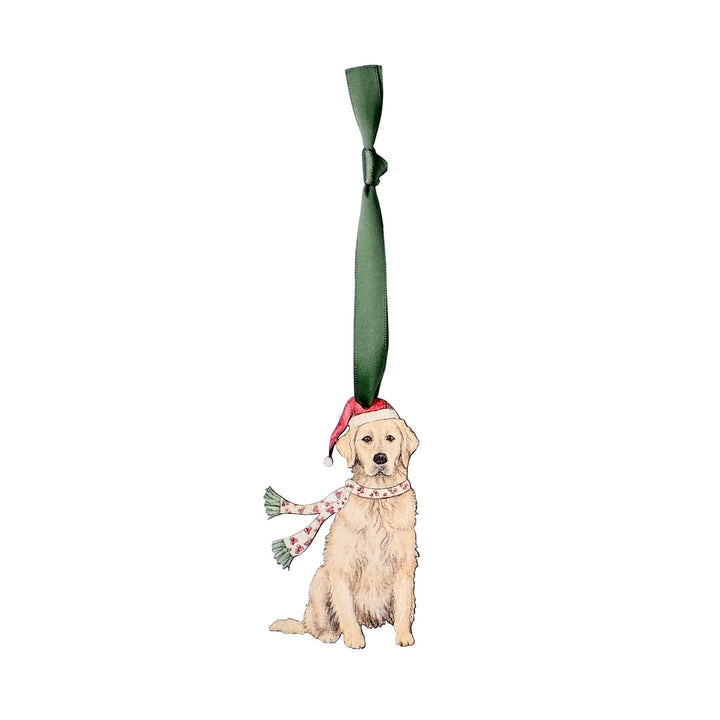 wooden golden retriever christmas tree decoration with green ribbon