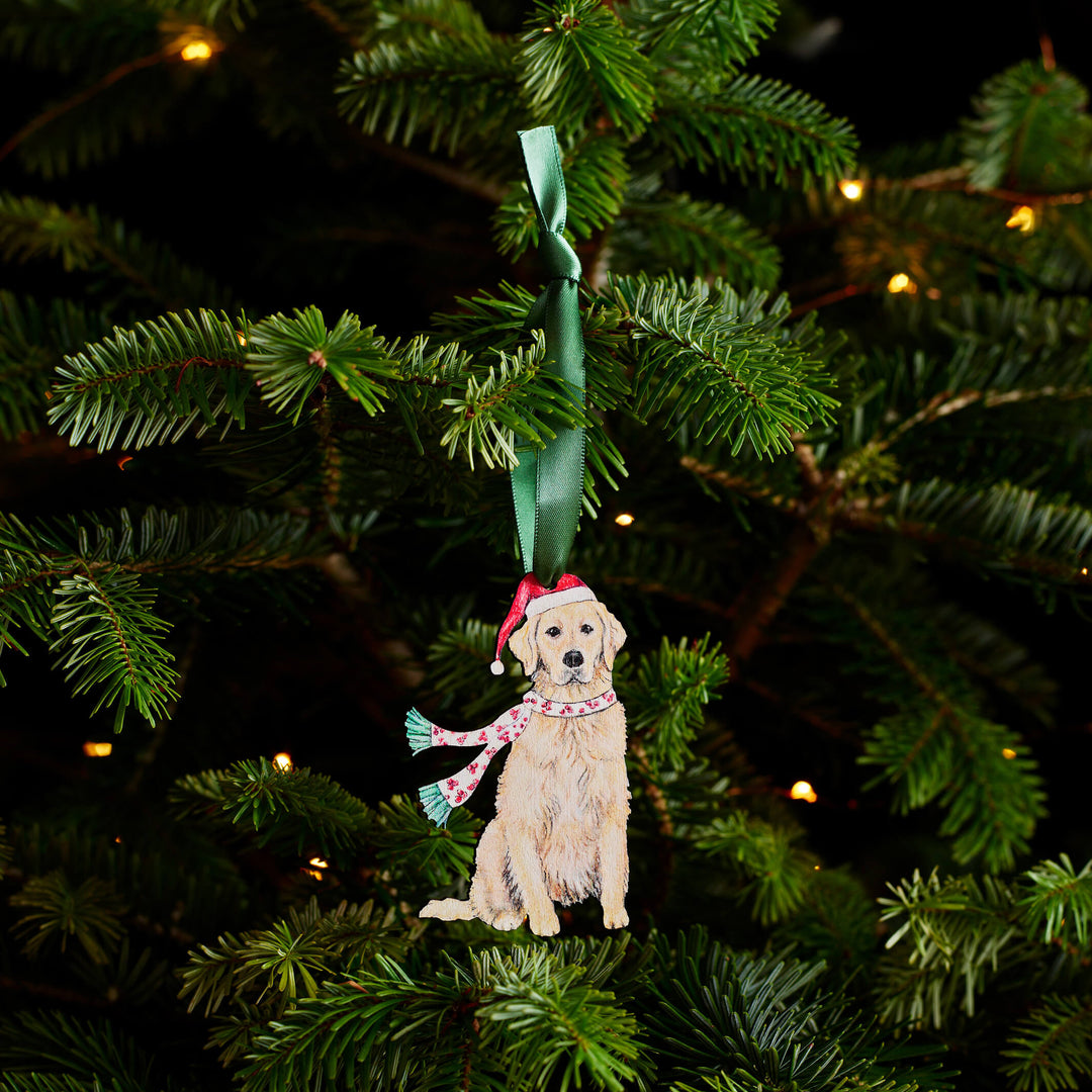 wooden golden retriever christmas tree decoration with green ribbon