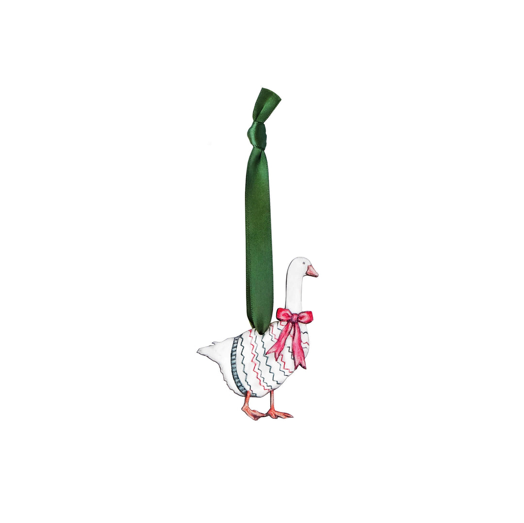 goose wooden christmas tree decoration with green ribbon