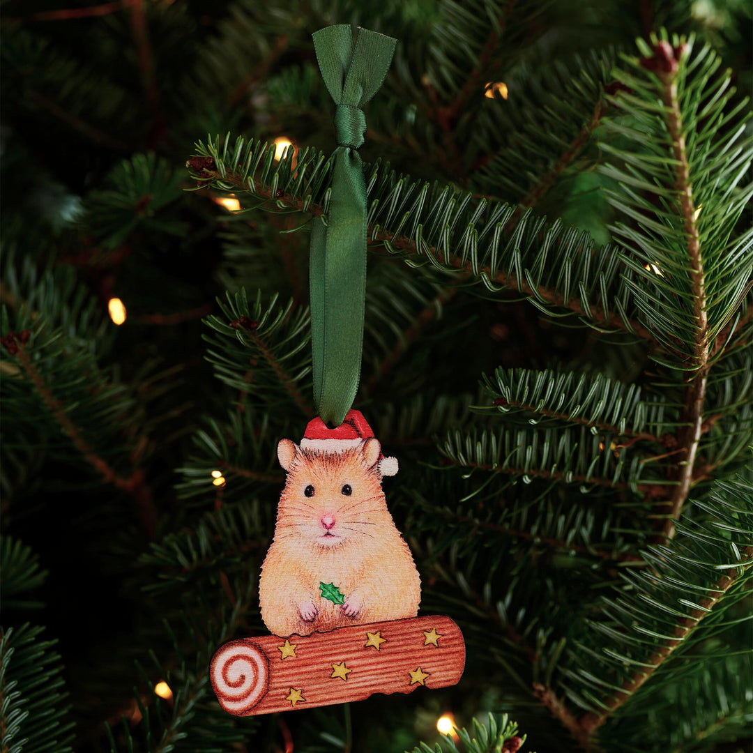 wooden hamster christmas tree decoration with green ribbon