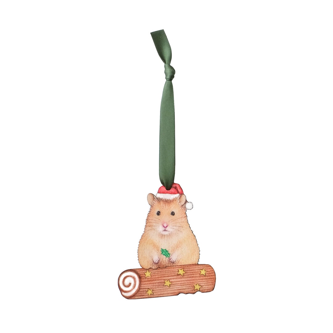 wooden hamster christmas tree decoration with green ribbon