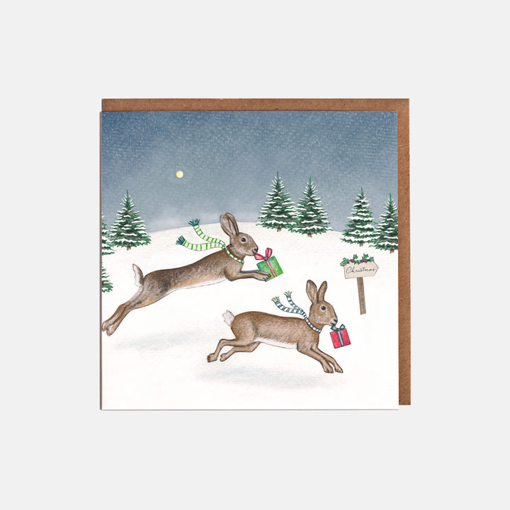 hare christmas card pack with kraft envelopes