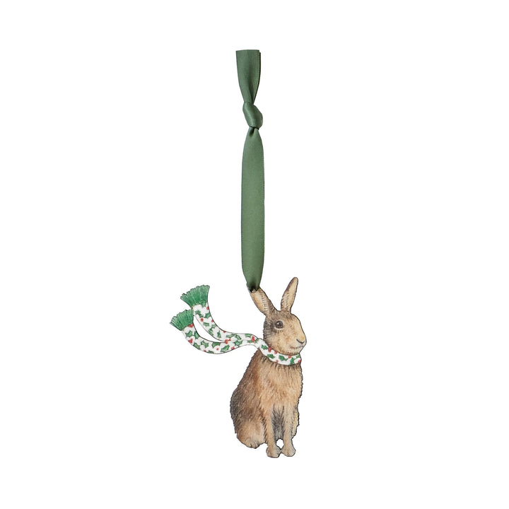 wooden hare christmas tree decoration with green ribbon