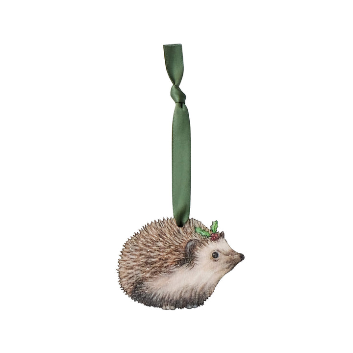 wooden hedgehog christmas tree decoration with green ribbon