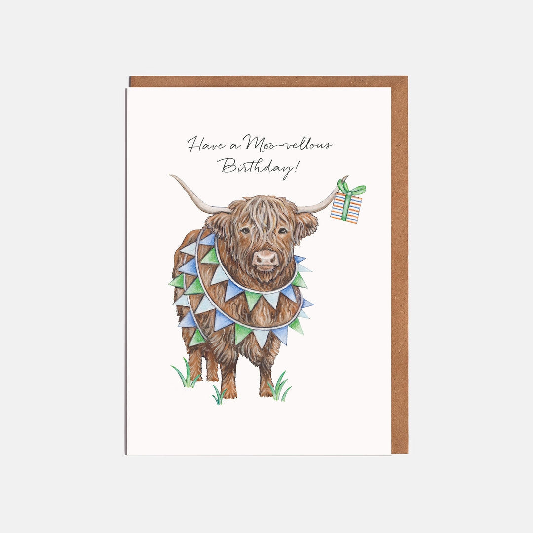 highland cow birthday card with kraft envelope