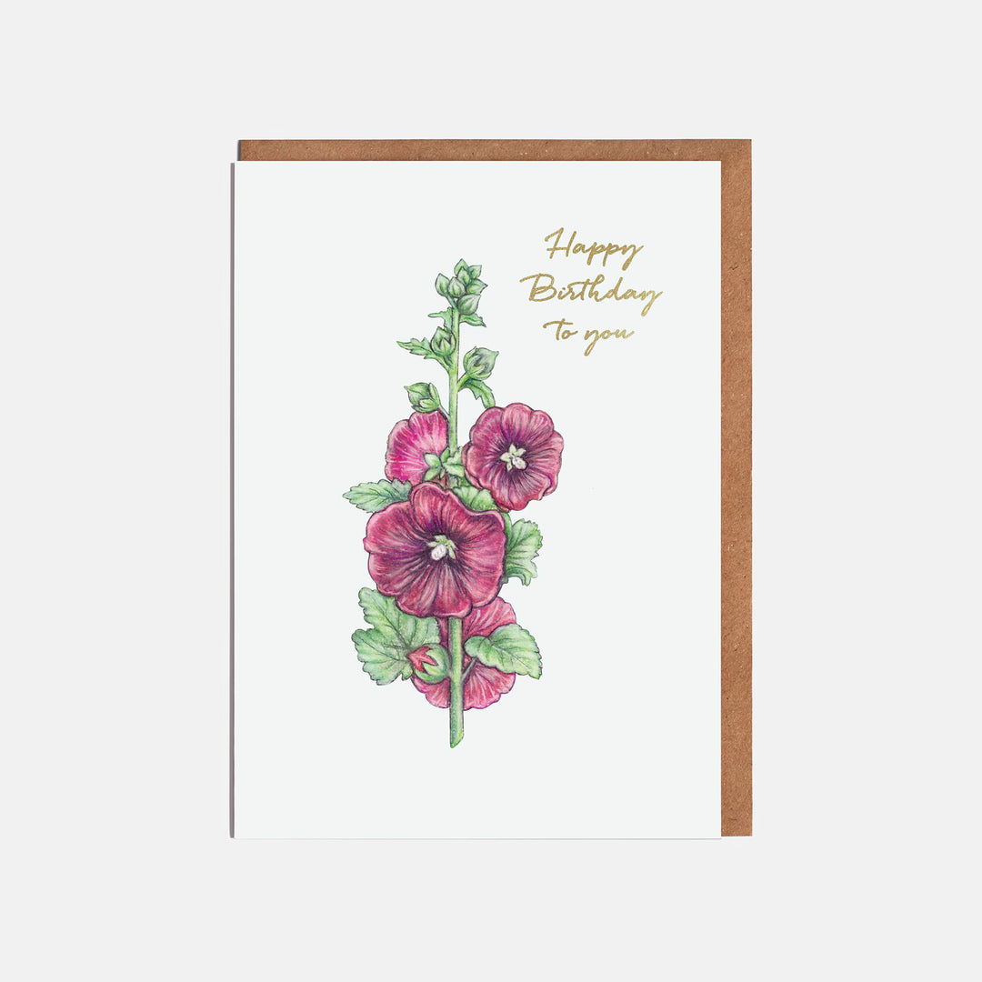 red hollyhock flower birthday card with kraft envelope