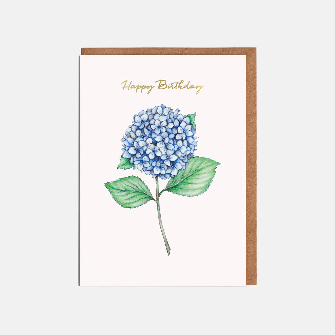 blue hydrangea flower birthday card with kraft envelope
