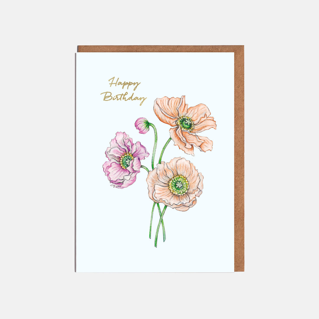 orange and pink icelandic poppy flowers birthday card with kraft envelope