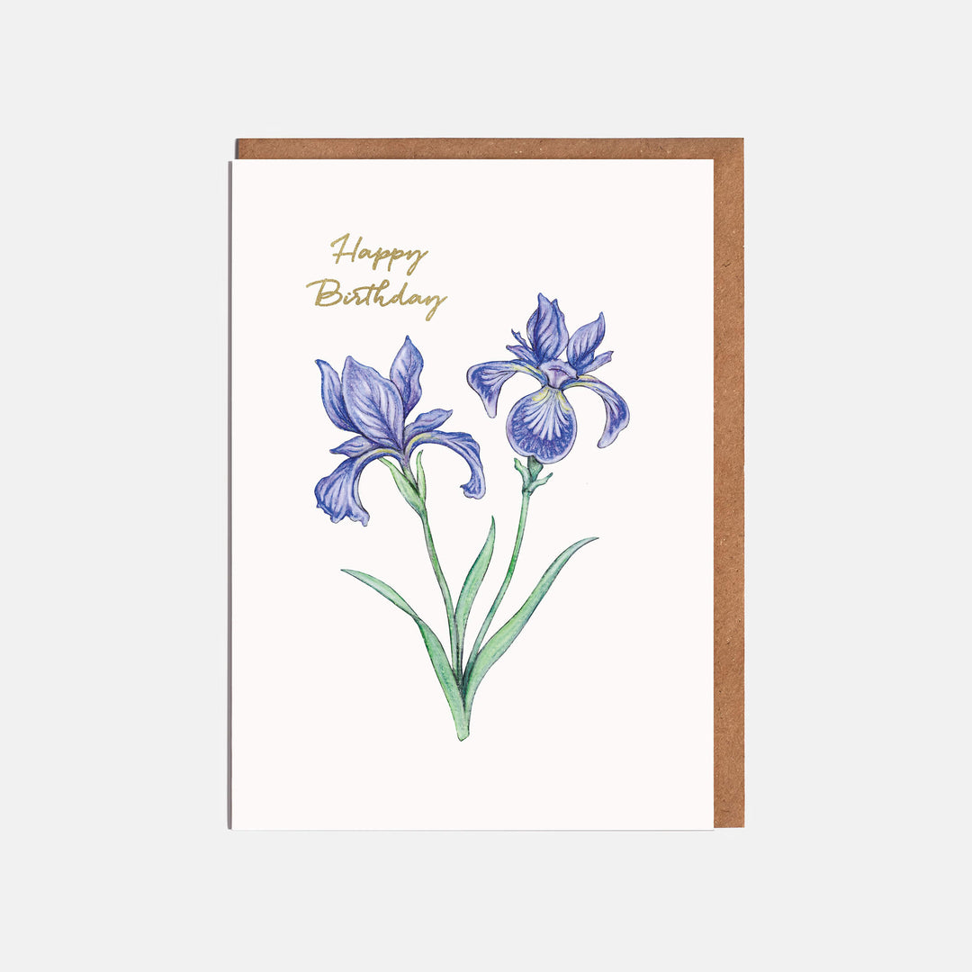 purple iris flower birthday card with kraft envelope